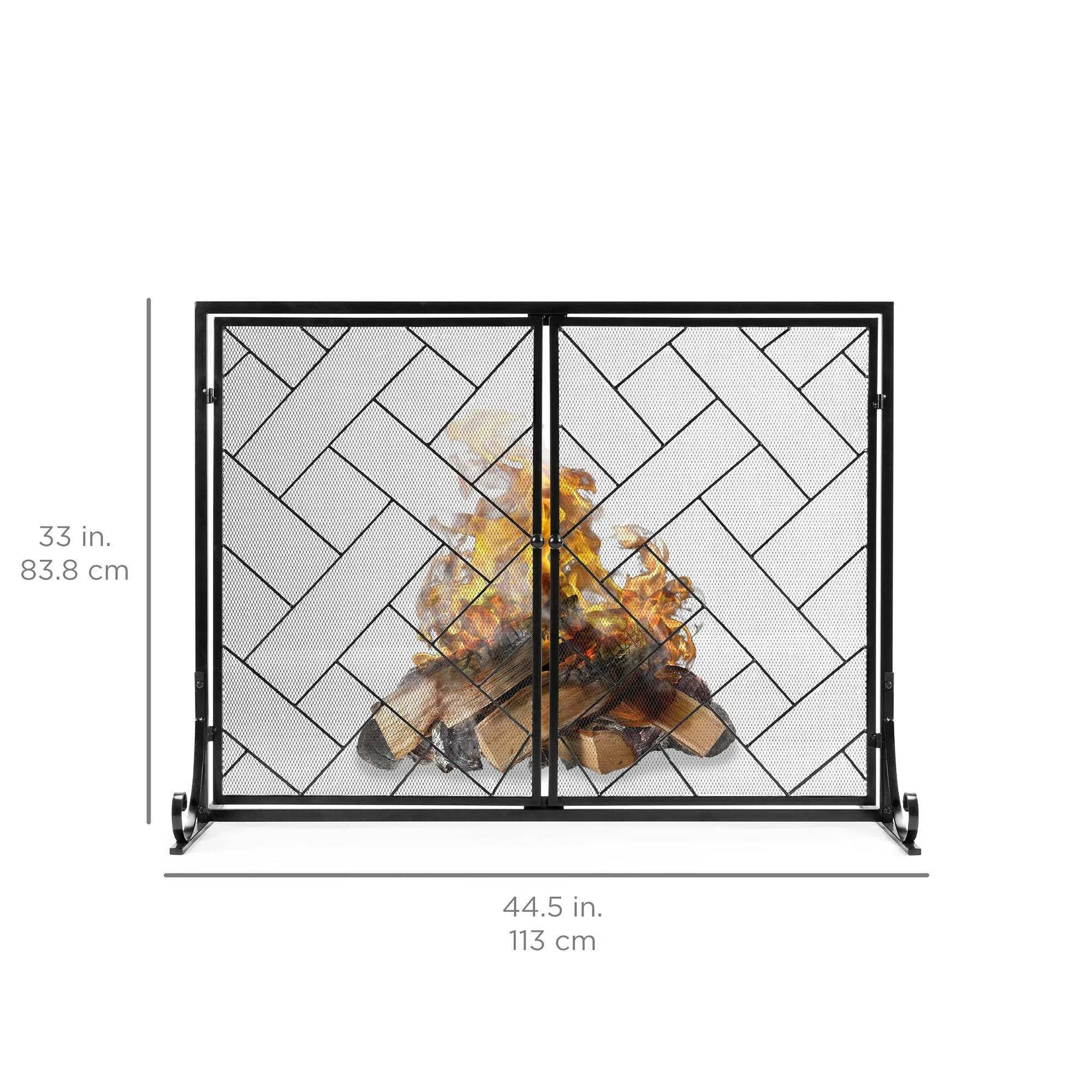 44x33in 2-Panel Wrought Iron Geometric Fireplace Screen w/ Magnetic Doors
