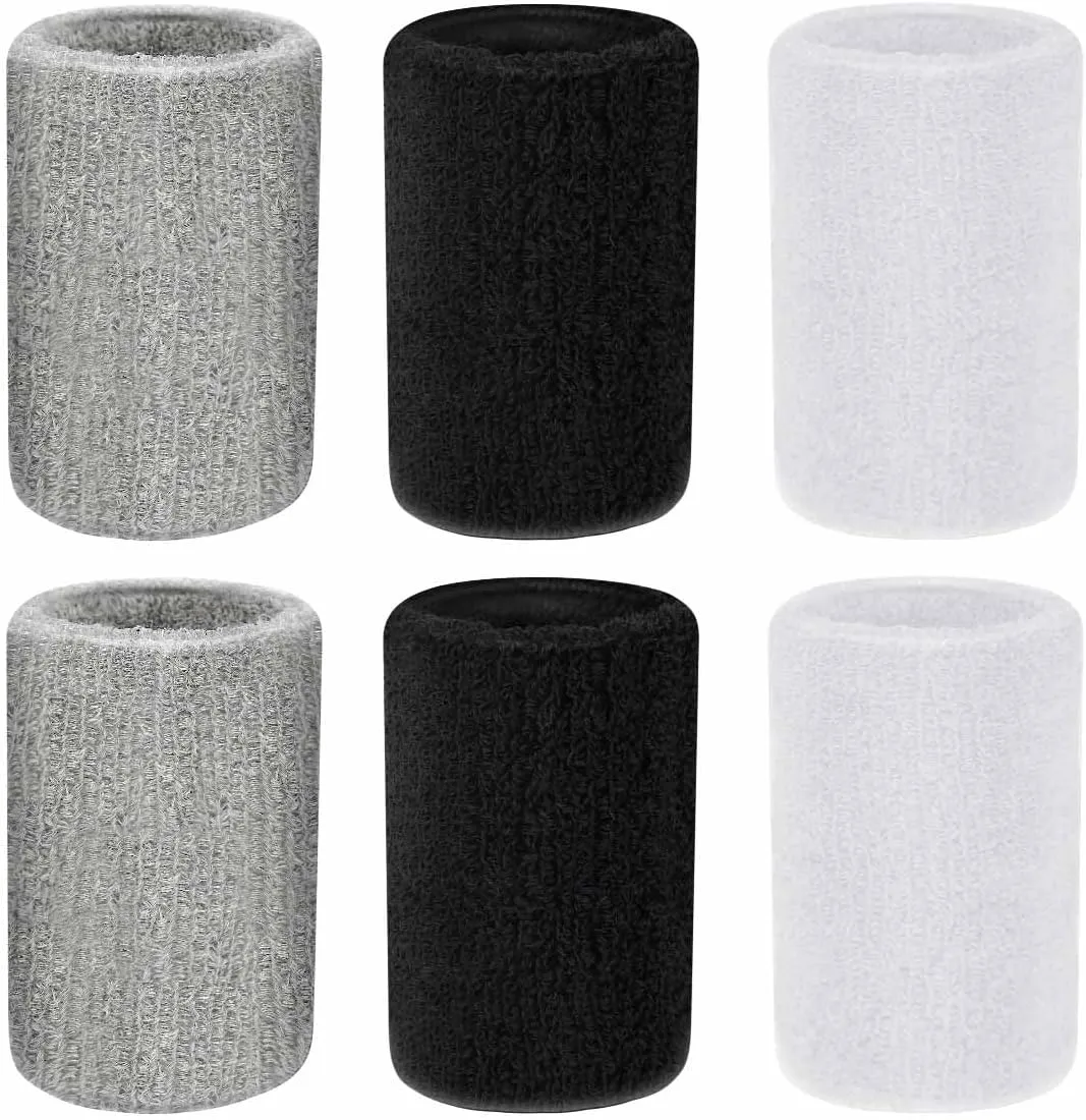 6 Pieces Athletic Sweatbands for Sports - Wristbands for Tennis, Basketball, Football, Running, Working Out, Gym, and Thick Gymnastics (Black, White, Gray)