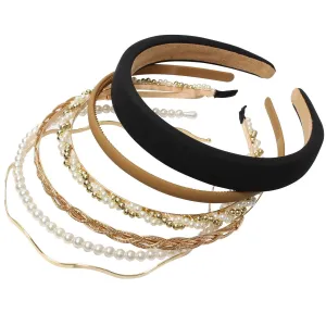 6PCS Different Designs Headbands for Women Gold Metal Hairband,Cute Pearl Hair Bands for Girls,Twisted Head Band,Black Padded Head Bands Set