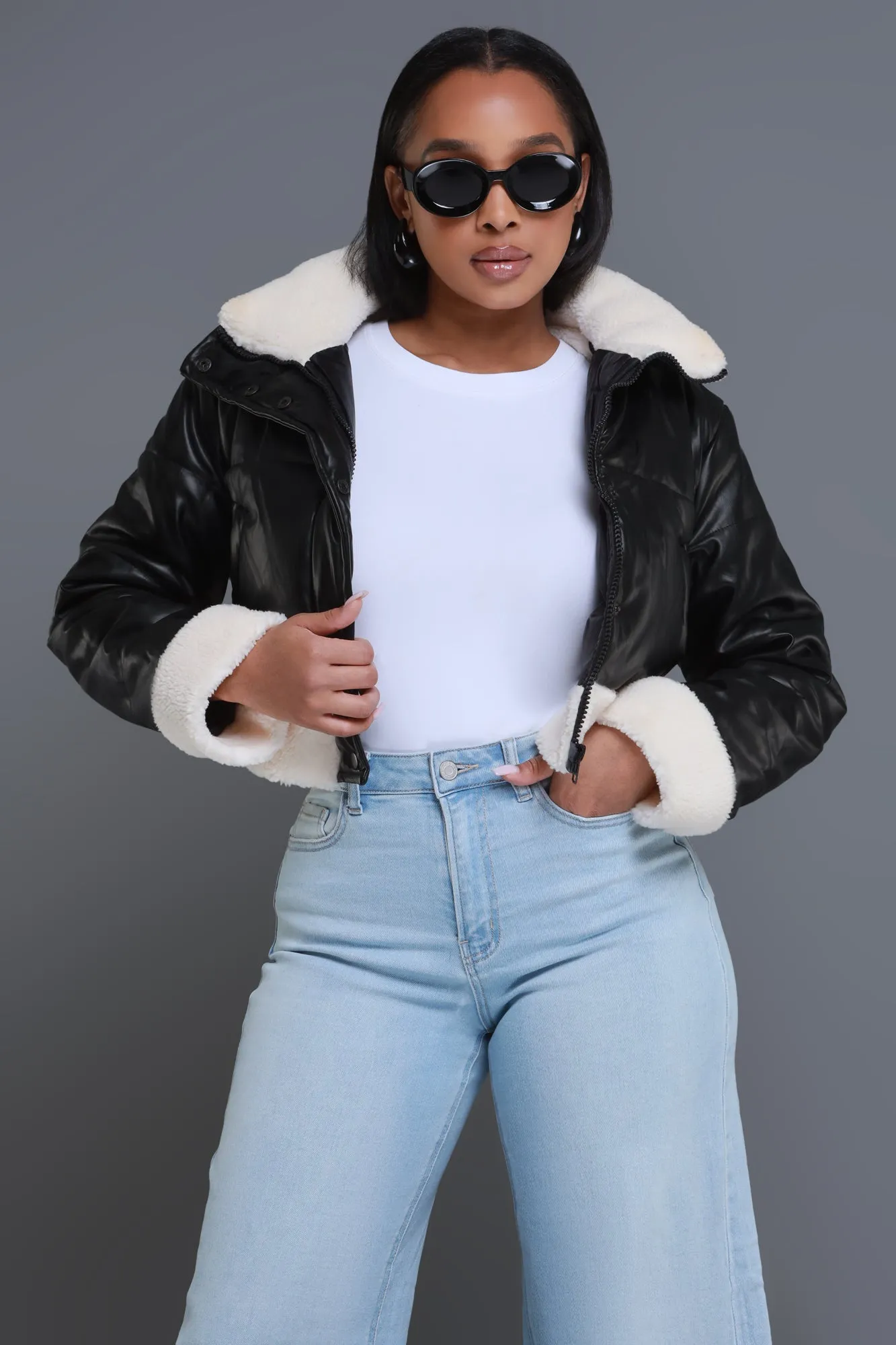 Be Still Cropped Faux Leather Sherpa Jacket - Black/Ivory