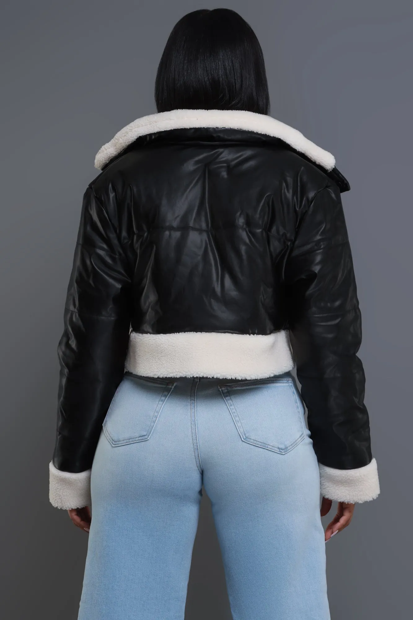 Be Still Cropped Faux Leather Sherpa Jacket - Black/Ivory