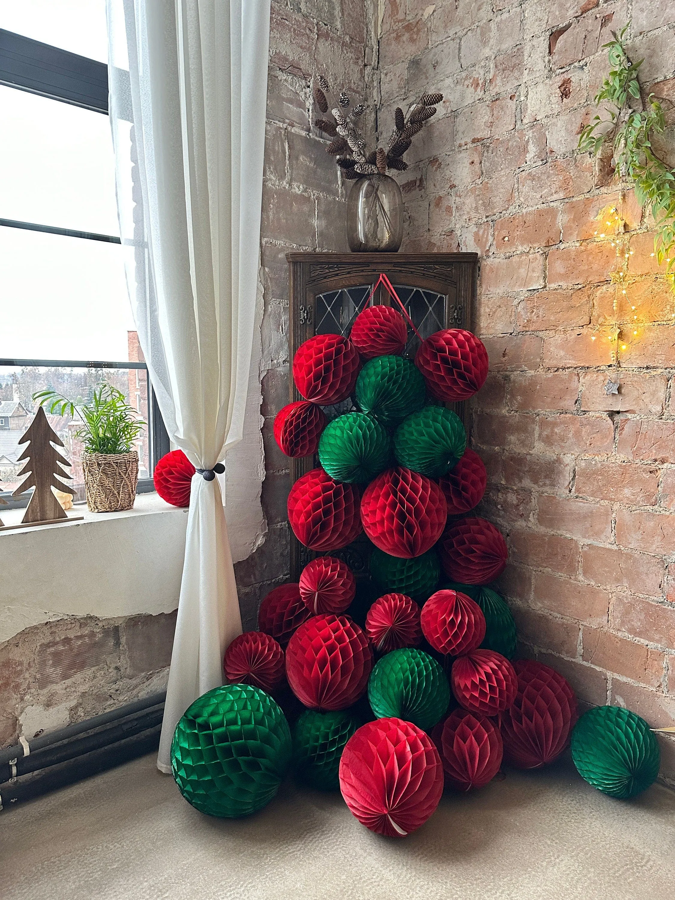 Deep red  and holiday green paper honeycomb balls Red and green Christmas pom poms  birthday Wedding Party Decoration
