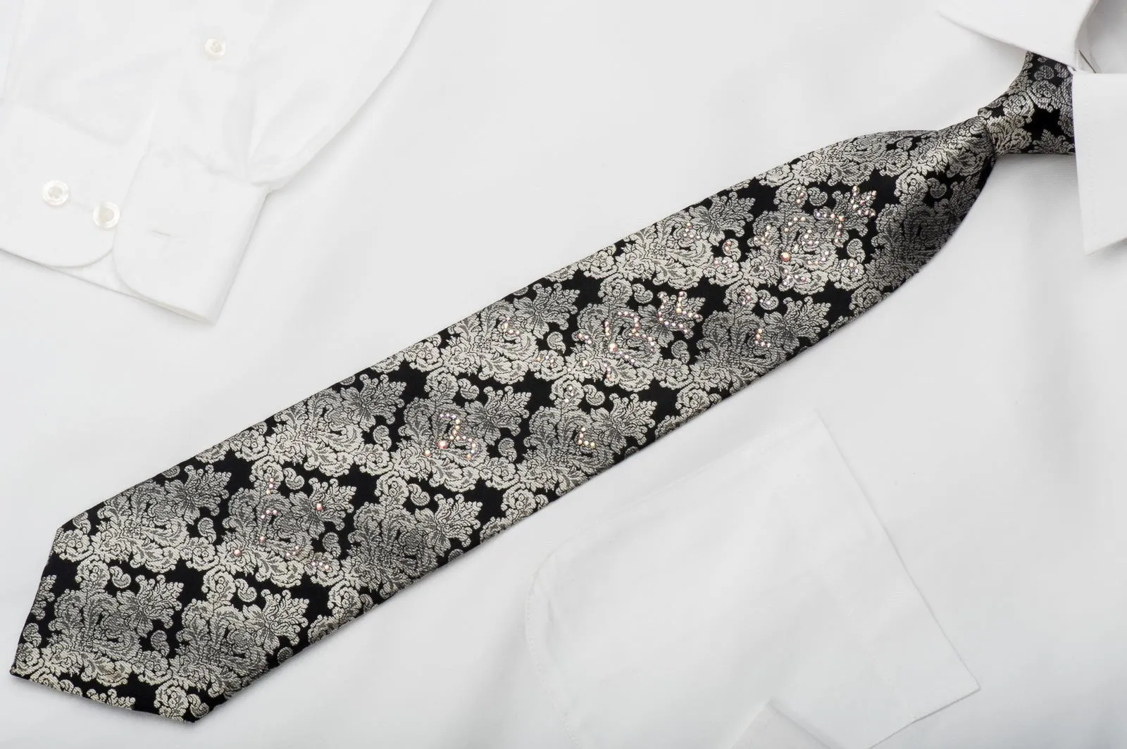 Elegance Men's Rhinestone Necktie Silver Damask On Black Sparkling With Rhinestones