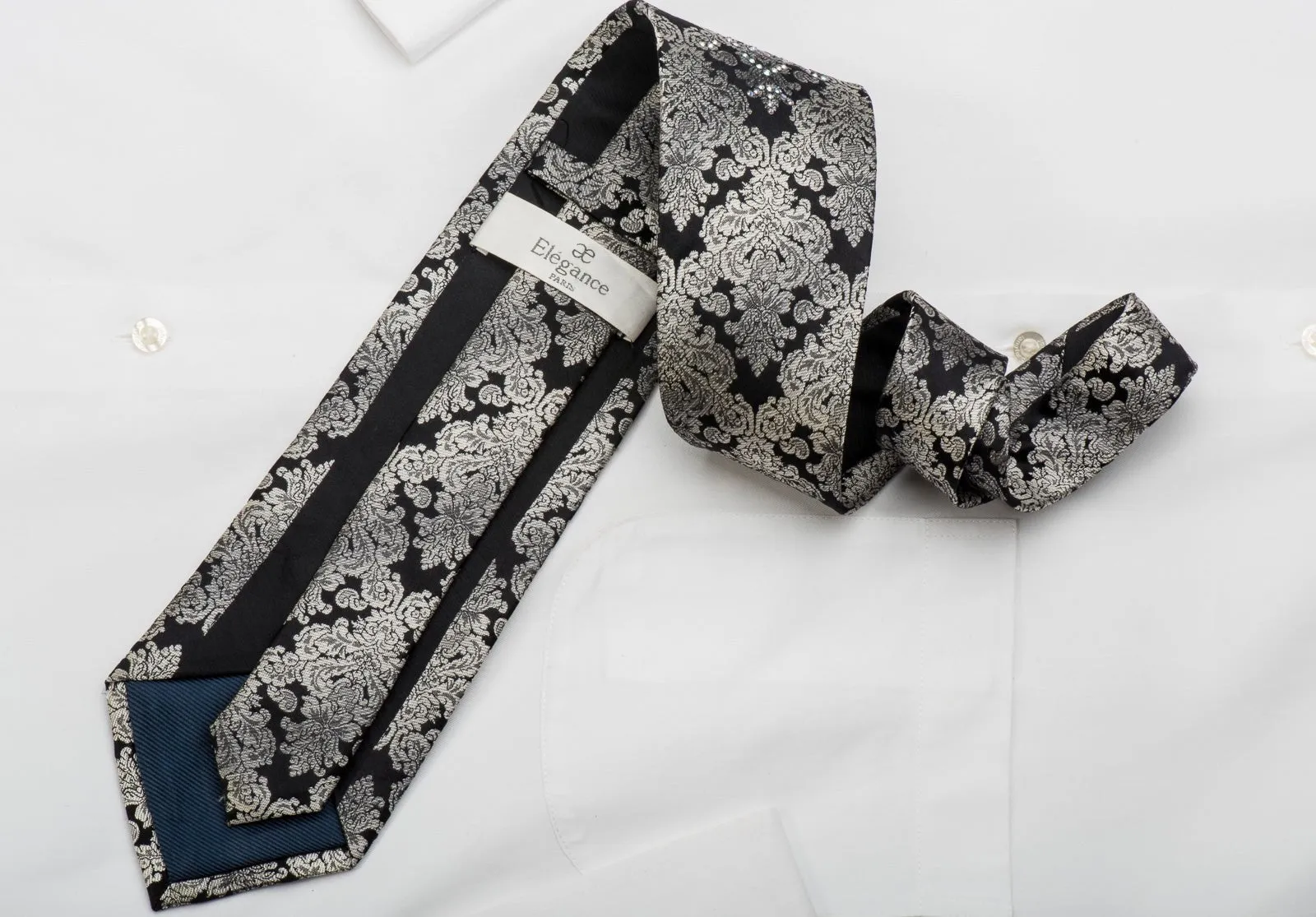 Elegance Men's Rhinestone Necktie Silver Damask On Black Sparkling With Rhinestones
