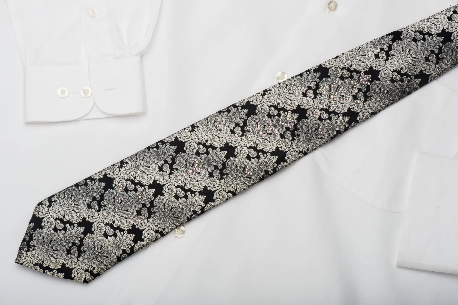 Elegance Men's Rhinestone Necktie Silver Damask On Black Sparkling With Rhinestones