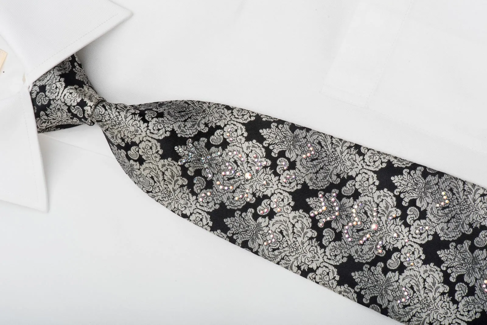 Elegance Men's Rhinestone Necktie Silver Damask On Black Sparkling With Rhinestones