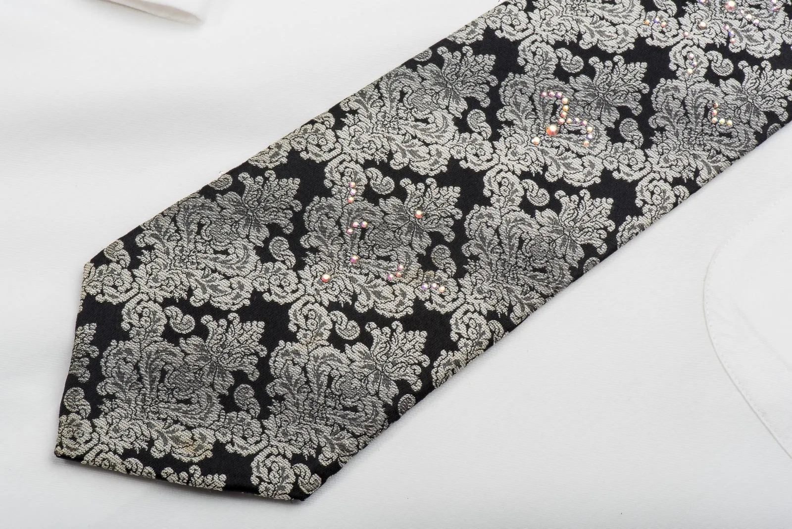 Elegance Men's Rhinestone Necktie Silver Damask On Black Sparkling With Rhinestones