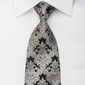 Elegance Men's Rhinestone Necktie Silver Damask On Black Sparkling With Rhinestones