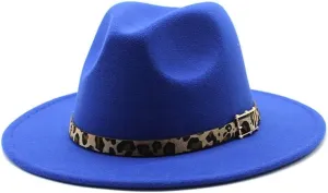 European and American Woolen Hat, Leopard Print Hat for Men and Women, Flat Brim Big Brim Jazz Felt Hat Fengyan Cowboy Hats (Color : Royal Blue, Size : 58-60cm)