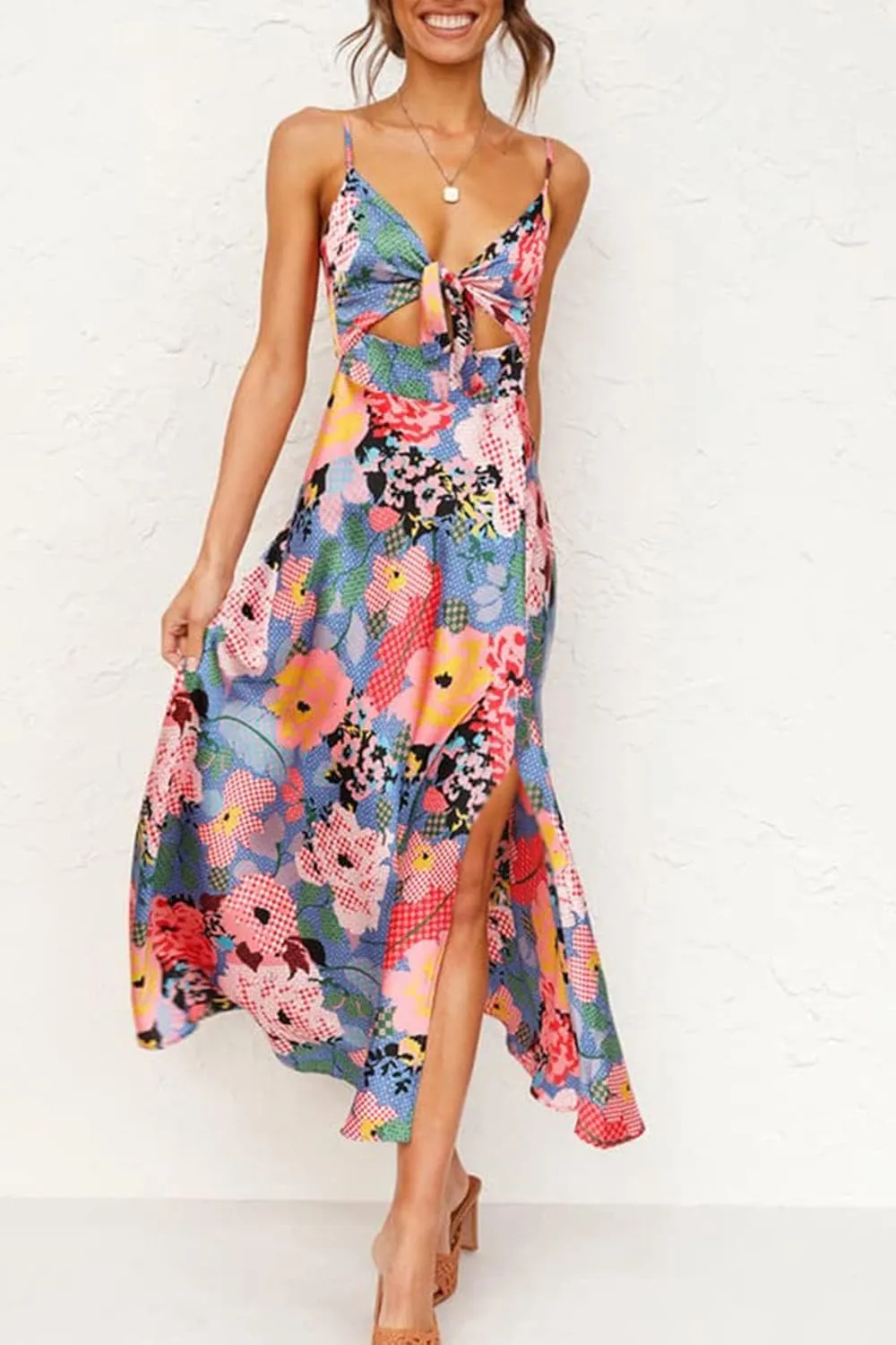 Fashionme Women Spaghetti Strap Midi Satin Dresses Tie Front Backless Split Hollow Dress