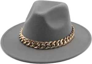 Fedora Hats Women Men Wide Brim Thick Gold Chain Band Felted Hat Jazz Cap Panama Hat Light Gray 56-58cm(Adults)