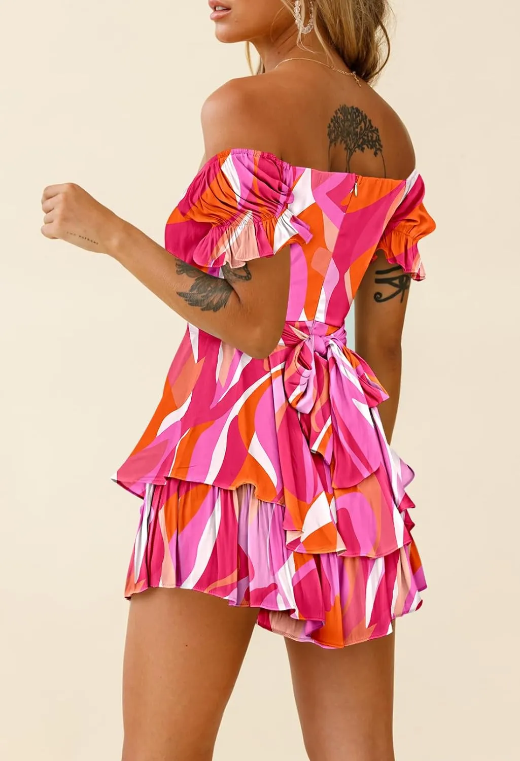 Fixmatti Women's Color Block Romper Off The Shoulder Short Sleeve Ruffle Jumpsuits Playsuit
