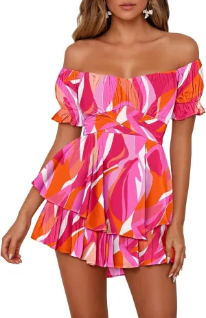 Fixmatti Women's Color Block Romper Off The Shoulder Short Sleeve Ruffle Jumpsuits Playsuit