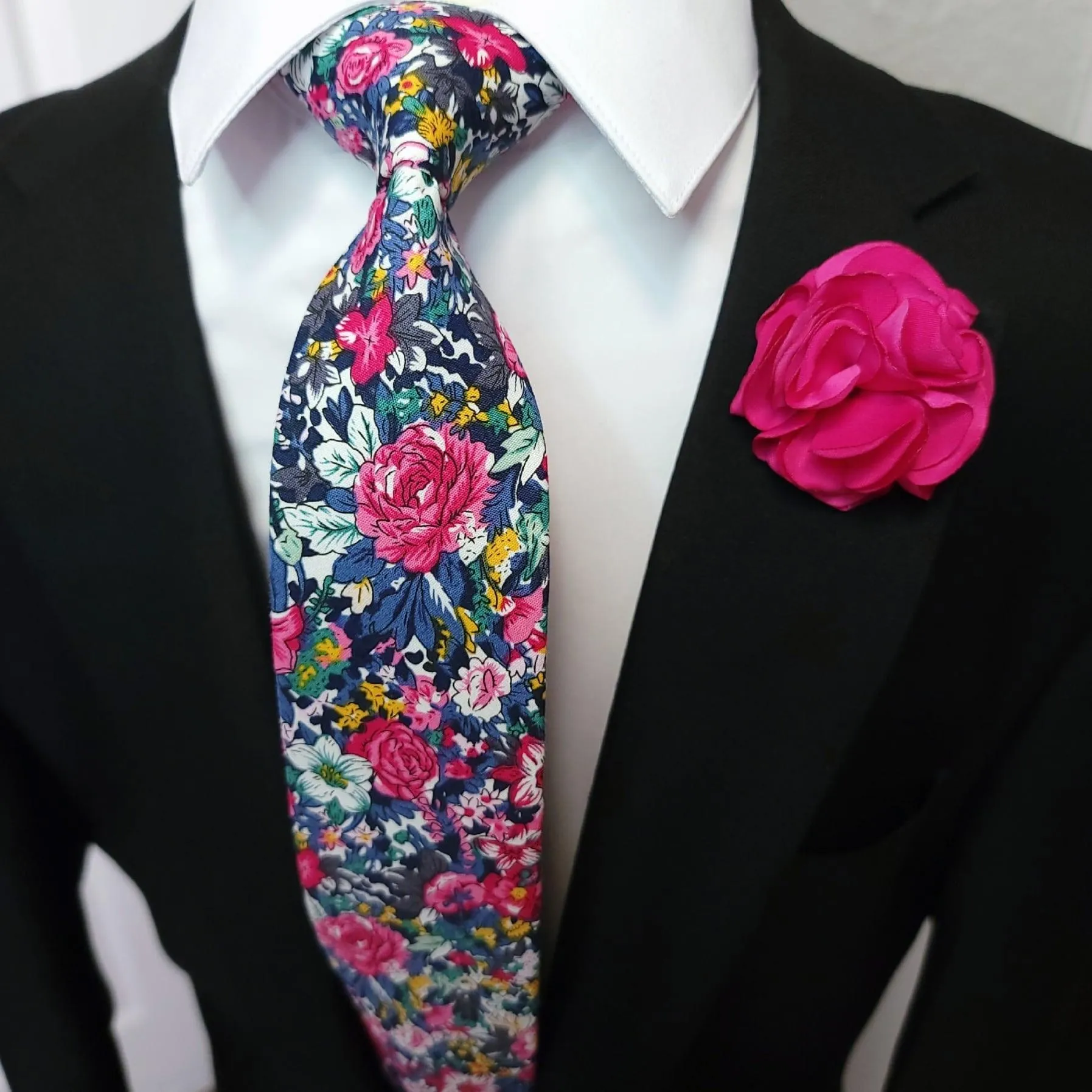 Floral Rose Pink Blue Slim Tie