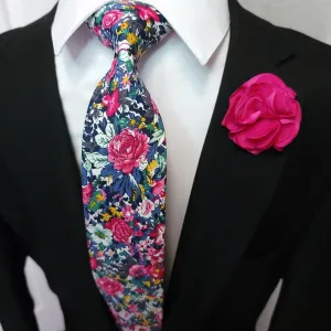 Floral Rose Pink Blue Slim Tie