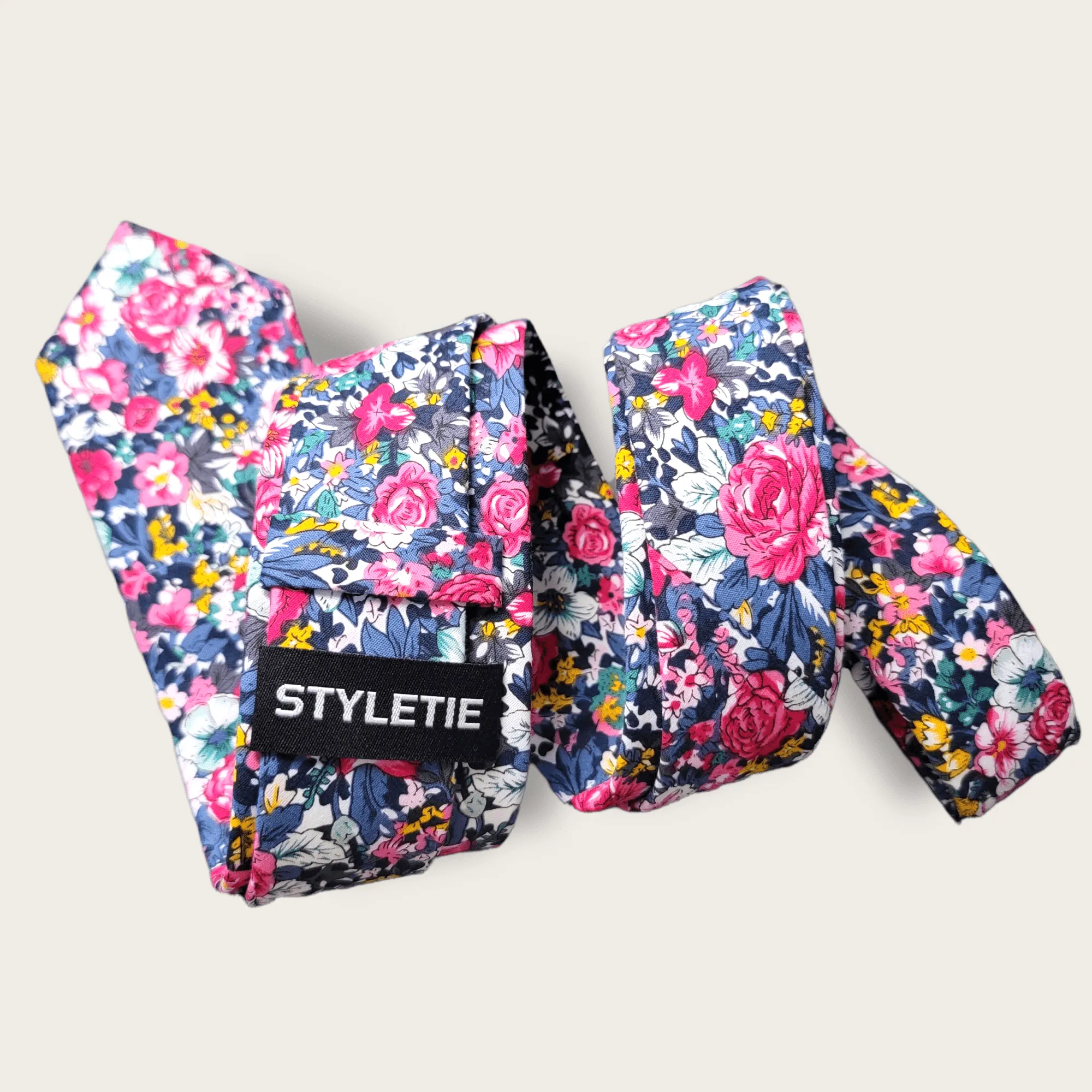 Floral Rose Pink Blue Slim Tie