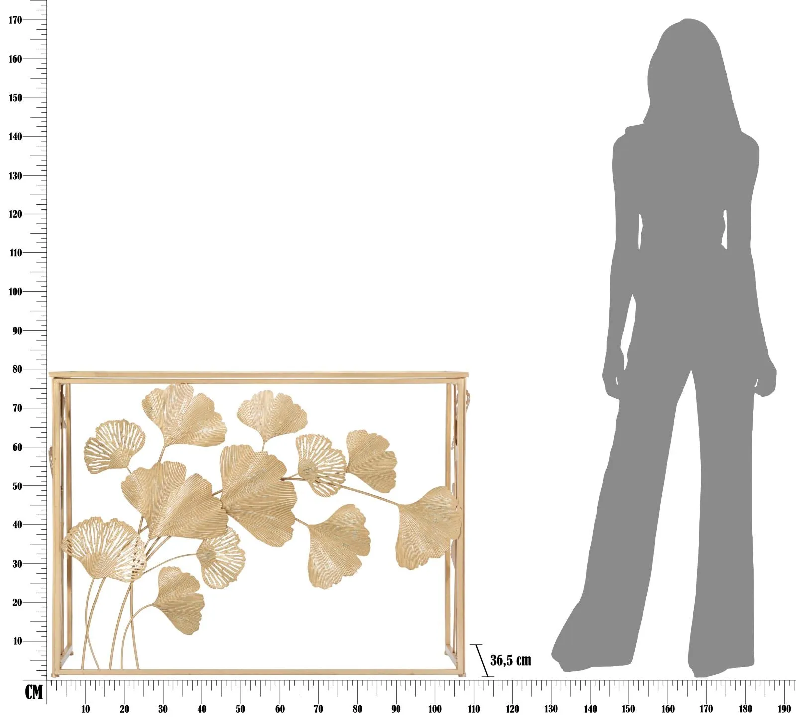 Golden Metal & Glass Rectangular console Table with Leaf Decor