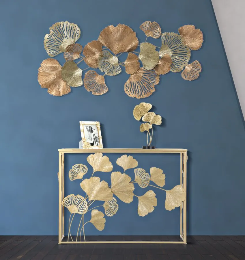 Golden Metal & Glass Rectangular console Table with Leaf Decor