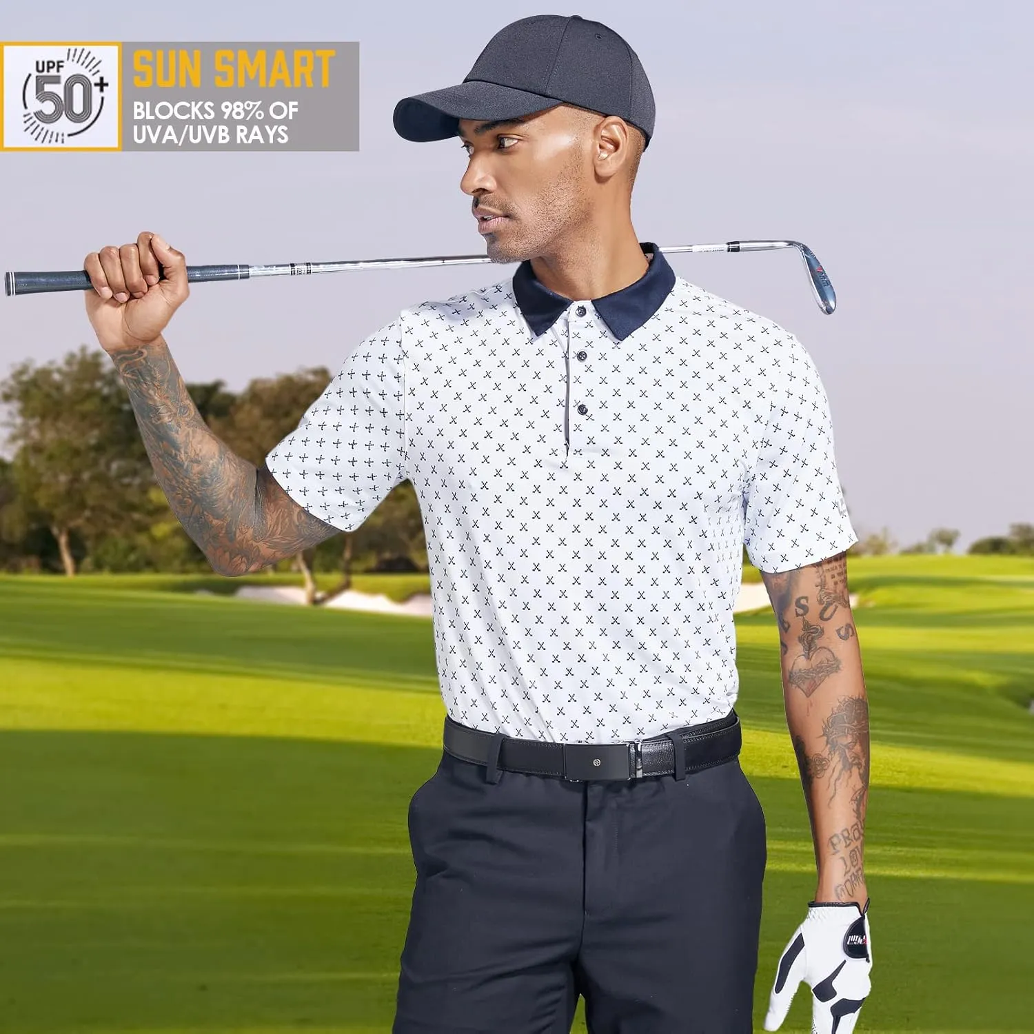 Golf Shirts for Men Dry Fit Performance Short Sleeve Print Moisture Wicking Polo Shirt