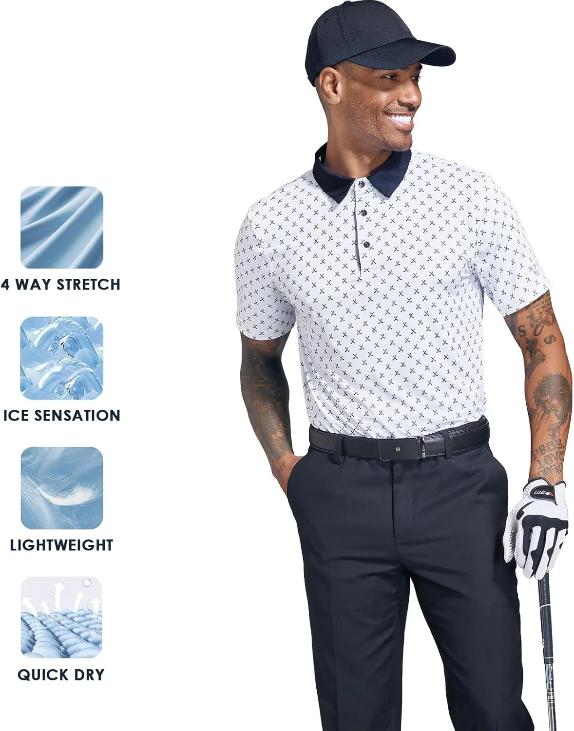 Golf Shirts for Men Dry Fit Performance Short Sleeve Print Moisture Wicking Polo Shirt