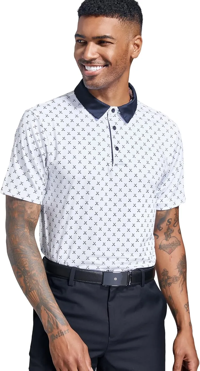 Golf Shirts for Men Dry Fit Performance Short Sleeve Print Moisture Wicking Polo Shirt