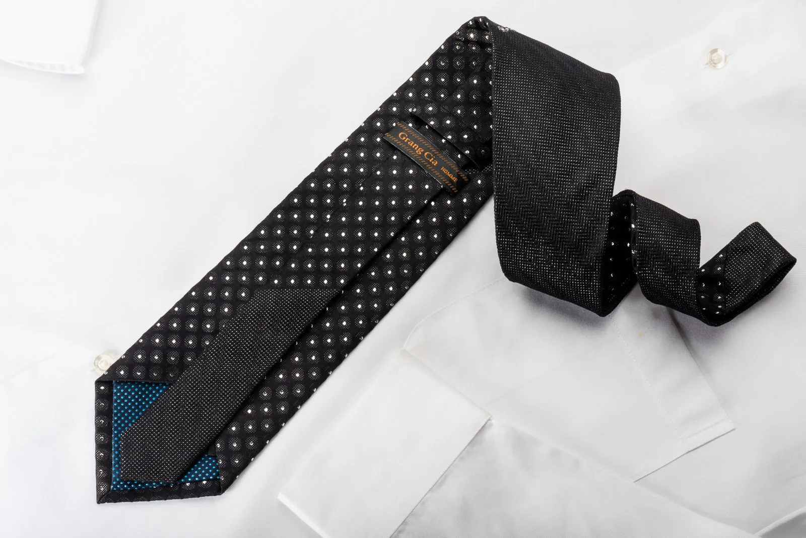 Grang Cia Silk Necktie Silver Dots On Black  Sparkling With Rhinestones