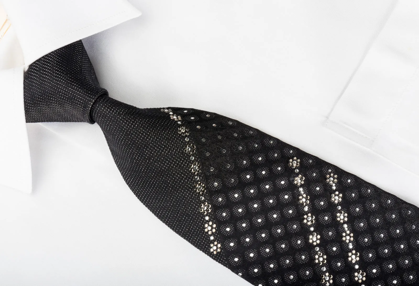 Grang Cia Silk Necktie Silver Dots On Black  Sparkling With Rhinestones