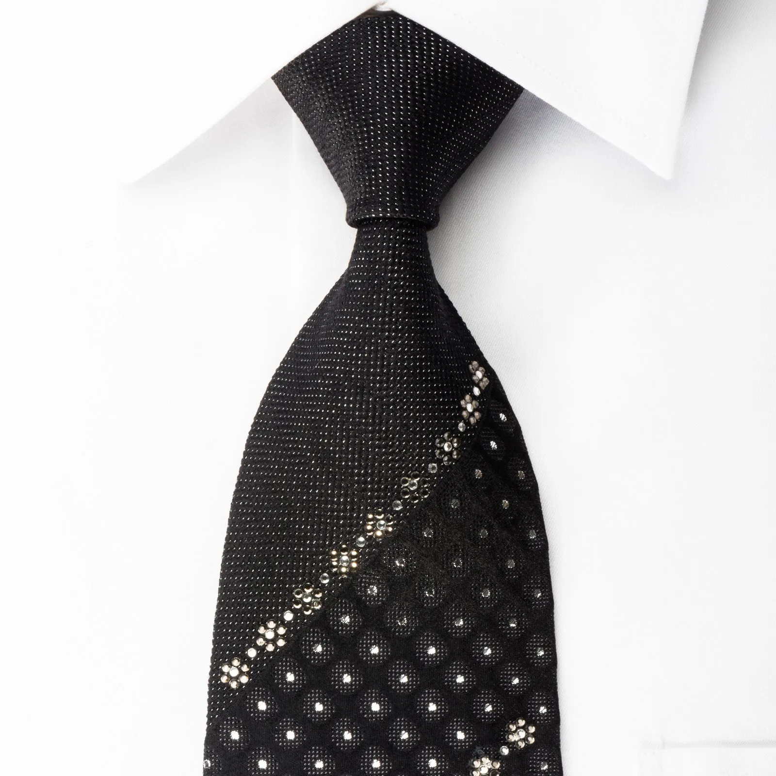 Grang Cia Silk Necktie Silver Dots On Black  Sparkling With Rhinestones