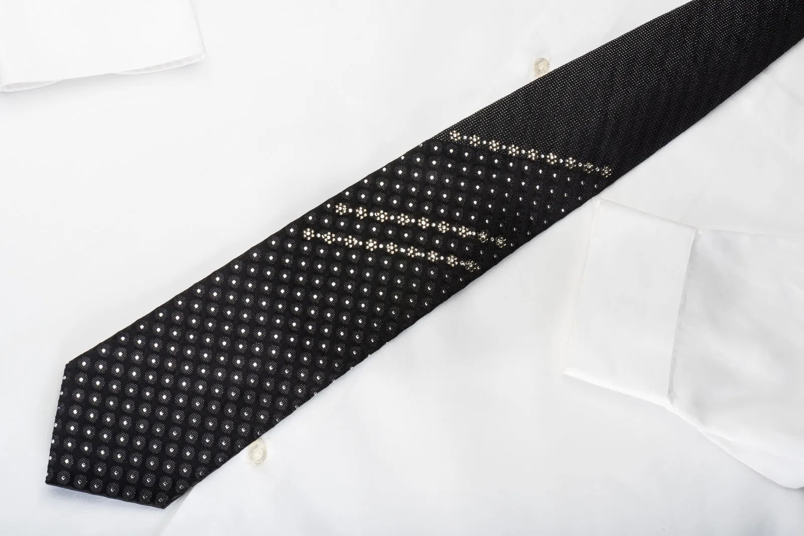 Grang Cia Silk Necktie Silver Dots On Black  Sparkling With Rhinestones