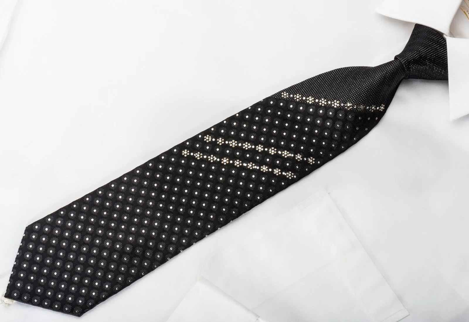 Grang Cia Silk Necktie Silver Dots On Black  Sparkling With Rhinestones