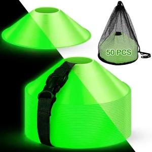 Hiboom 50 Pcs Glow in The Dark Football Cones Light up Agility Soccer Cones with Carry Bag for Sports Training Glow in The Dark Games Field Cone Markers Basketball Football Coaching