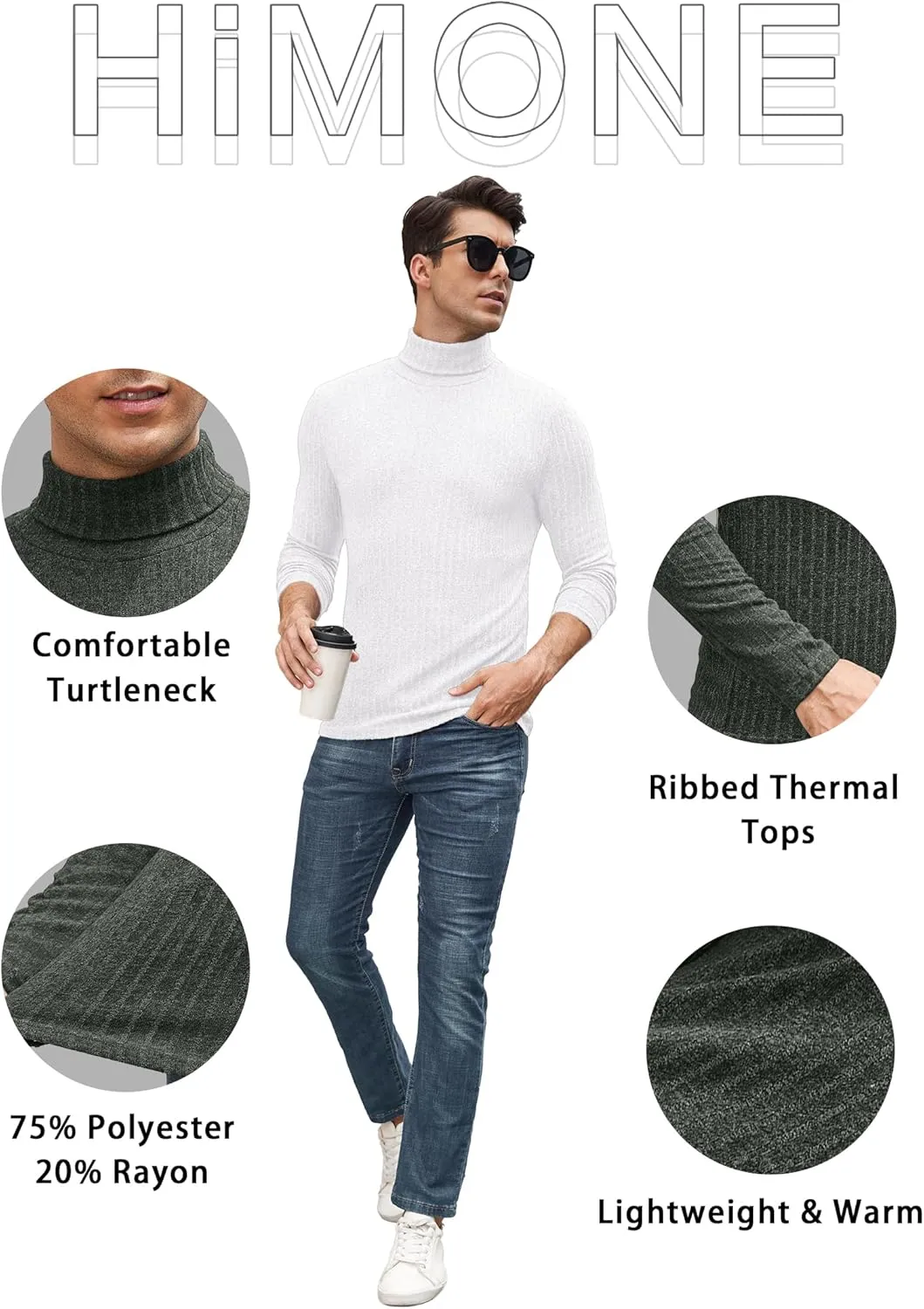 HiMONE Men Turtleneck Shirts Lightweight Long Sleeve Turtle Necks Ribbed Thermal Tops S-XXL