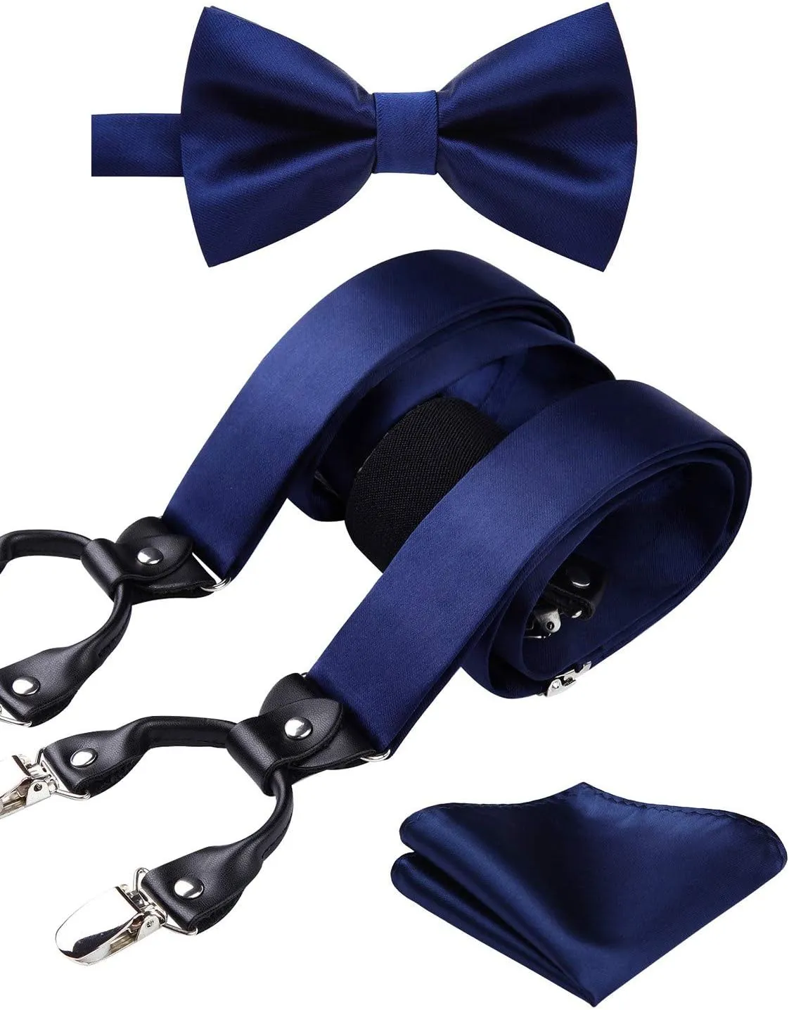 HISDERN Bow Tie and Suspenders for Men Suspender and Bowtie Handkerchief Set Adjustable Y Shape 6 Clips Wedding Brace