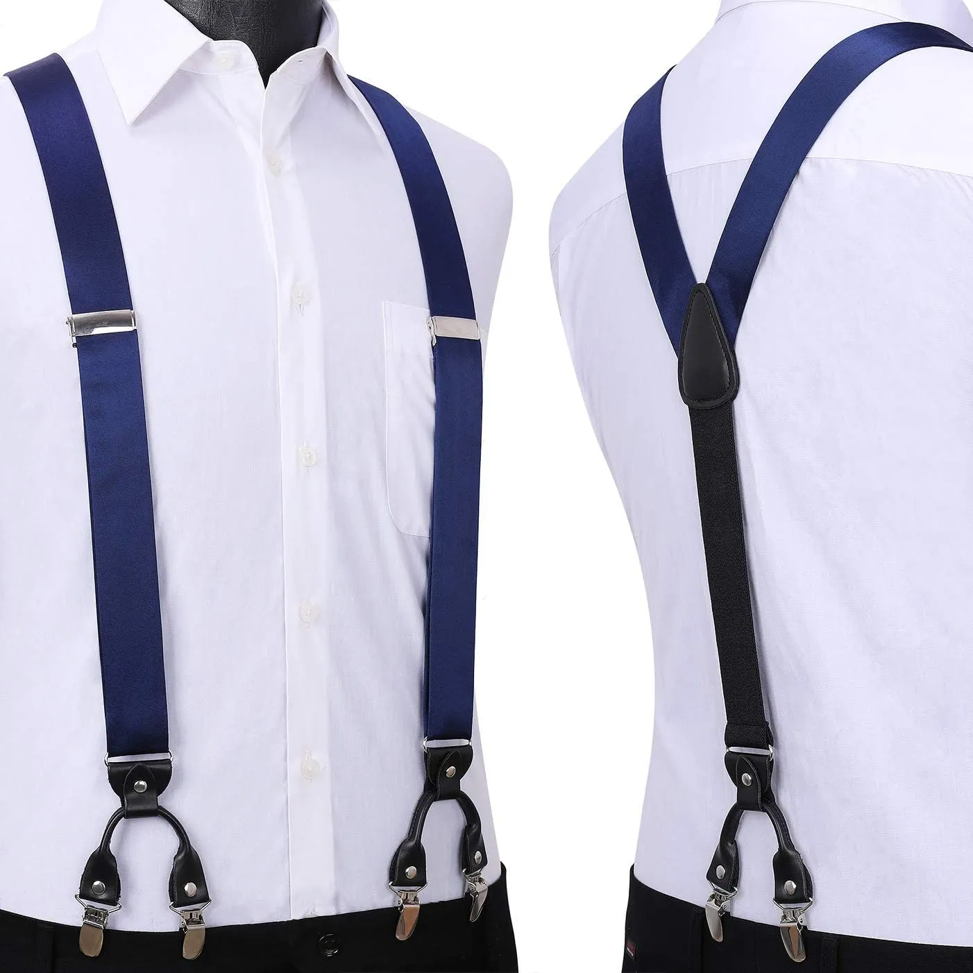 HISDERN Bow Tie and Suspenders for Men Suspender and Bowtie Handkerchief Set Adjustable Y Shape 6 Clips Wedding Brace