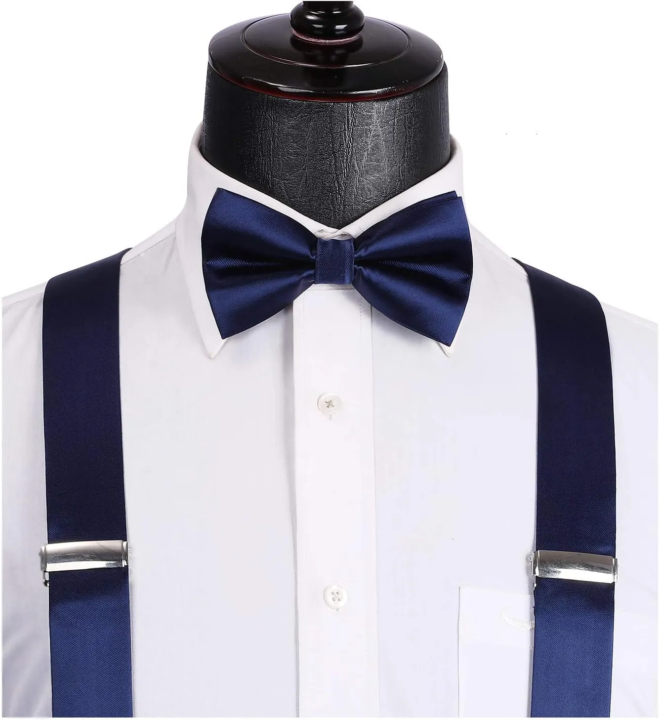 HISDERN Bow Tie and Suspenders for Men Suspender and Bowtie Handkerchief Set Adjustable Y Shape 6 Clips Wedding Brace