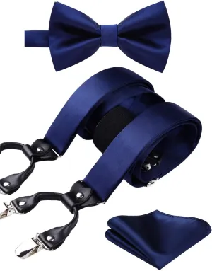 HISDERN Bow Tie and Suspenders for Men Suspender and Bowtie Handkerchief Set Adjustable Y Shape 6 Clips Wedding Brace