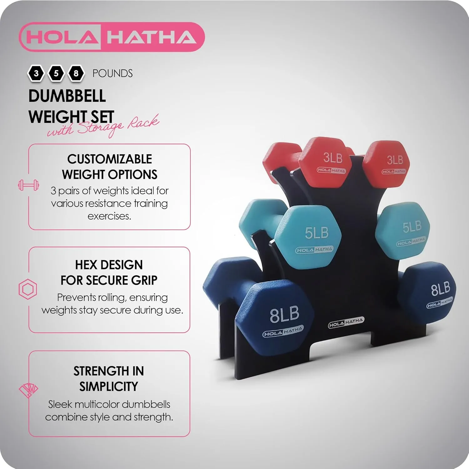 HolaHatha Neoprene Dumbbell Free Hand Weight Set with Rack, Ideal for Home Exercises to Gain Tone and Definition