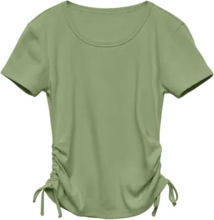 Imily Bela Girls Tees Shirts Cute Crew Neck Short Sleeve Side Drawstring Solid Tops Kids Children Summer Clothes