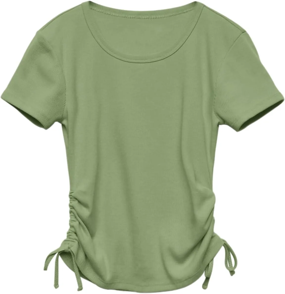 Imily Bela Girls Tees Shirts Cute Crew Neck Short Sleeve Side Drawstring Solid Tops Kids Children Summer Clothes
