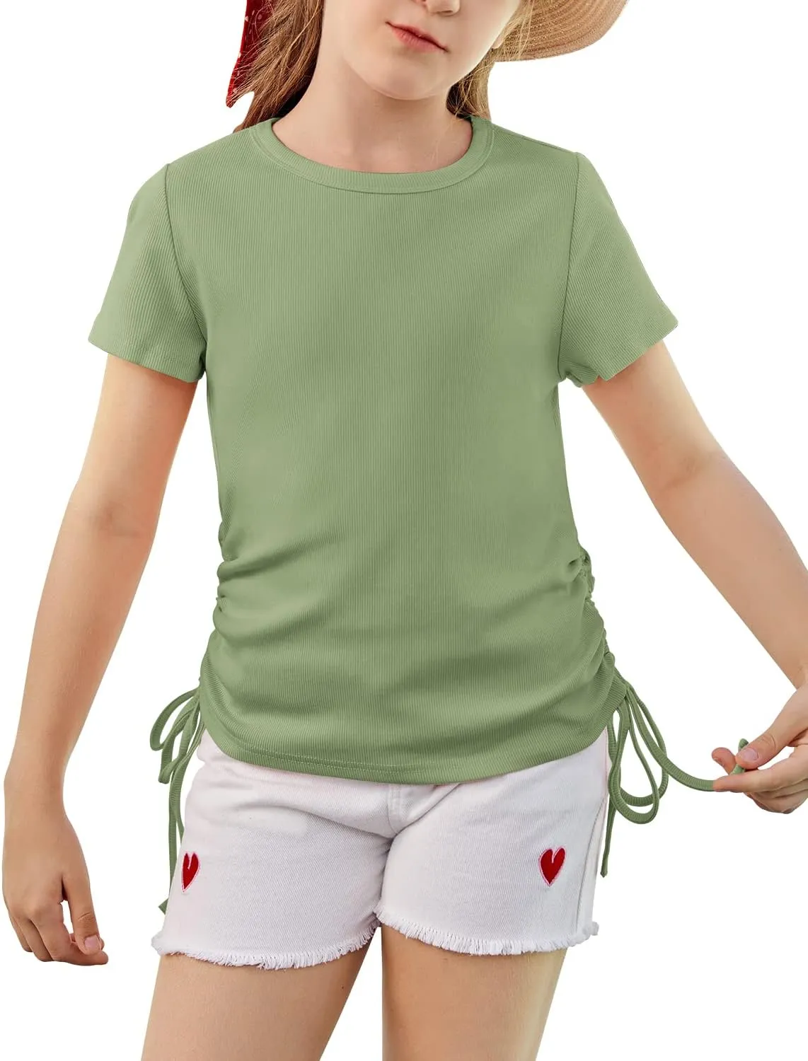Imily Bela Girls Tees Shirts Cute Crew Neck Short Sleeve Side Drawstring Solid Tops Kids Children Summer Clothes