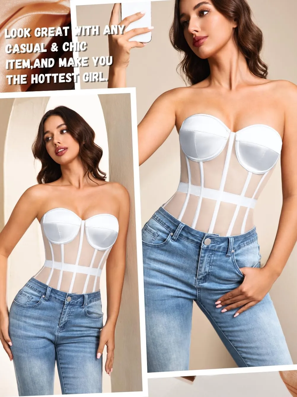 Kaei&Shi Sheer Mesh Overbust Corset,Sexy Strapless Lace Up Satin Bra Corsets Top For Women Going Out