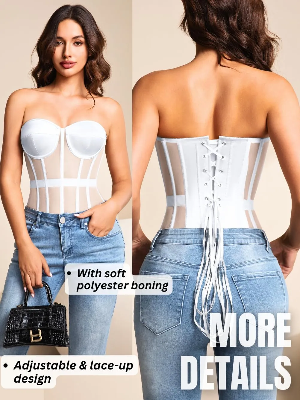 Kaei&Shi Sheer Mesh Overbust Corset,Sexy Strapless Lace Up Satin Bra Corsets Top For Women Going Out