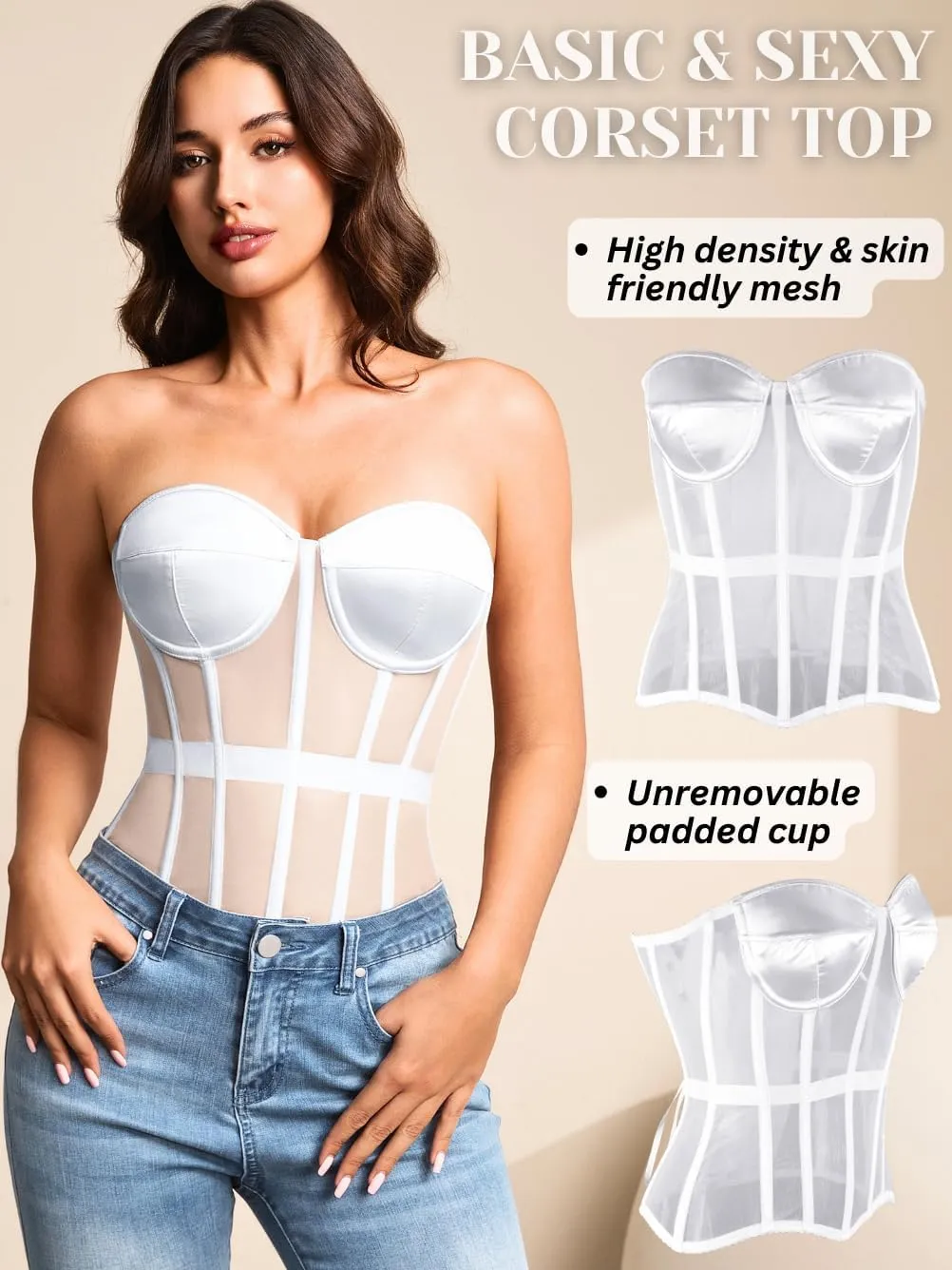 Kaei&Shi Sheer Mesh Overbust Corset,Sexy Strapless Lace Up Satin Bra Corsets Top For Women Going Out