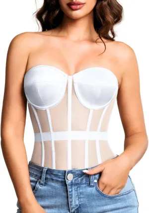 Kaei&Shi Sheer Mesh Overbust Corset,Sexy Strapless Lace Up Satin Bra Corsets Top For Women Going Out