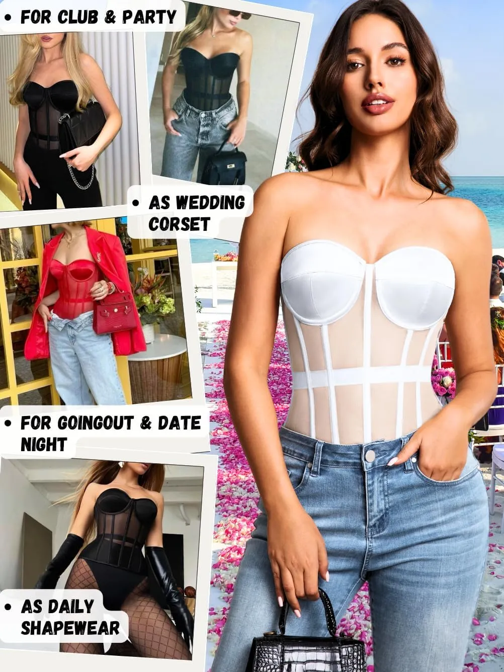 Kaei&Shi Sheer Mesh Overbust Corset,Sexy Strapless Lace Up Satin Bra Corsets Top For Women Going Out