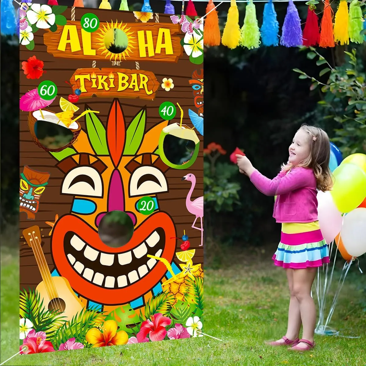 Luau Party Game Banner with 4 Bean Bags, Hawaiian Tiki Toss Game Banner, Hawaiian Games for Adults Kids Summer Tropical Carnival Party Supplies Outdoor Games