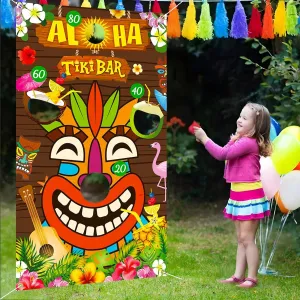 Luau Party Game Banner with 4 Bean Bags, Hawaiian Tiki Toss Game Banner, Hawaiian Games for Adults Kids Summer Tropical Carnival Party Supplies Outdoor Games