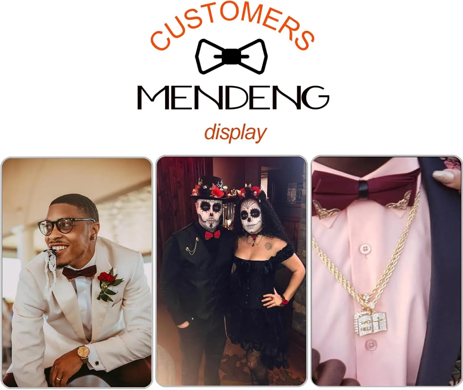 MENDENG Men's Metal Gold Bow Ties for Men Women PU Leather Satin Formal Bowtie