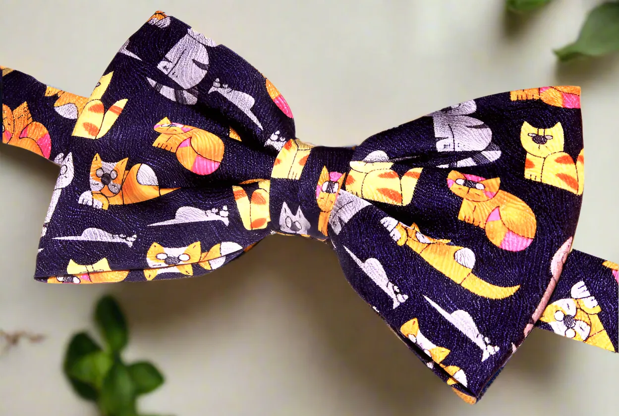 Mirror Finish Cat Cufflinks and Blue Colourful Novelty Cat Bow Tie Gift Set for Him