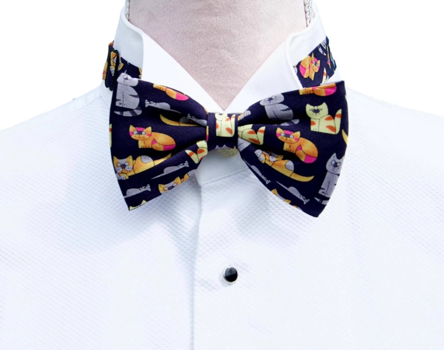 Mirror Finish Cat Cufflinks and Blue Colourful Novelty Cat Bow Tie Gift Set for Him
